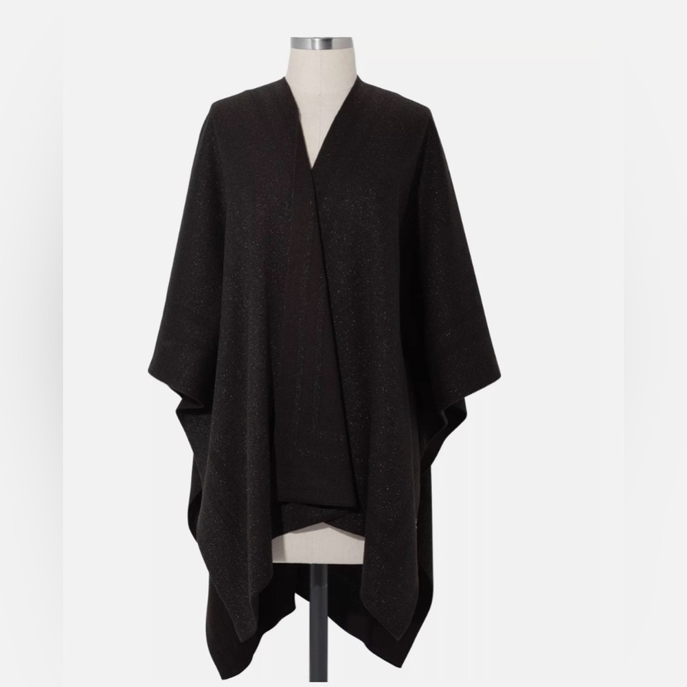 RALPH LAUREN Reverible Poncho Ruana - BLACK or BLACK w/ SILVER METALLIC - OS - Picture 2 of 6